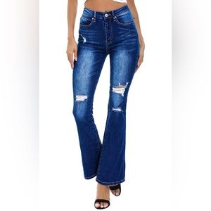 High-Rise Dark Blue Distressed Flare Jeans